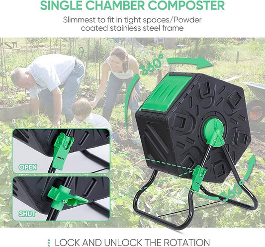 F2C 18.5 Gallon Compost Tumbler Compost Bin All-Season Outdoor BPA Free Single Rotating Chamber Composters w/ 2 Sliding Doors and Solid Steel Frame