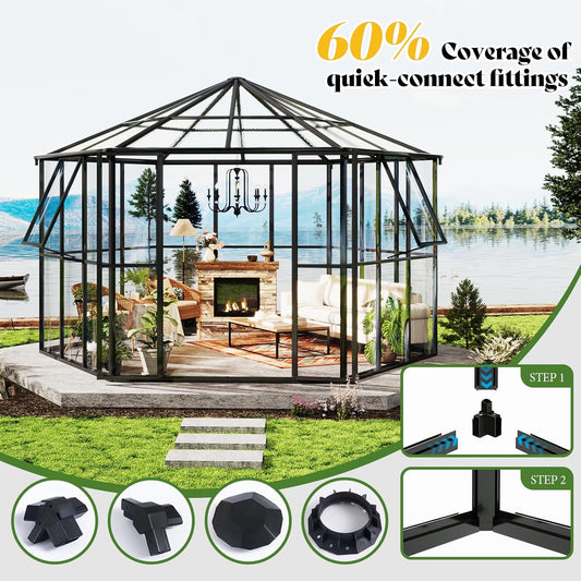 AMERLIFE 12×10×8 ft Hexagonal Outdoor Greenhouse, Aluminum Frame with Quick‑Connectors, 2 Swing Doors, 2 Vents – Walk‑in Garden Structure