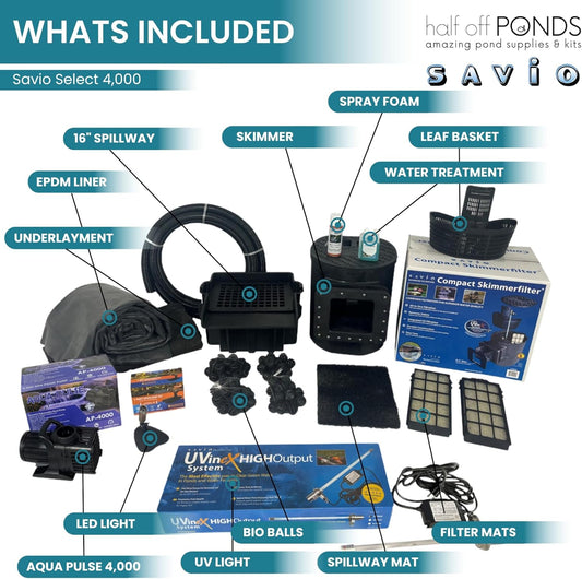 HALF OFF PONDS Savio Select 4,000 GPH Submersible Pump Pond Kit with 15' x 20' EPDM Rubber Pond Liner, UV Clarifier for Water Garden & Koi Pond