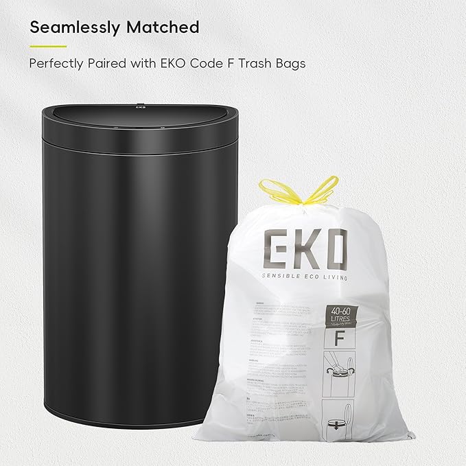 EKO Mirage Semi-Round 47L / 12.4 Gal Motion Sensor Trash Can, Automatic Kitchen Trash Bin with Deodorizer Compartment, Removable Lid & Inner Bucket, Stainless Steel Garbage Can, Matte Black