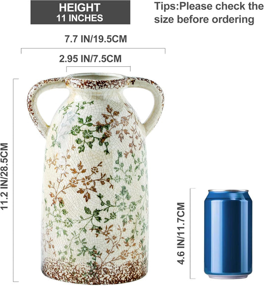 Enra Large Vintage Green and Beige Ceramic Chinoiserie Floral Vase, 11.2 Inch Rustic Decorative Flower Vase for Home, Living Room, Kitchen, or Office – Pastoral Retro Design