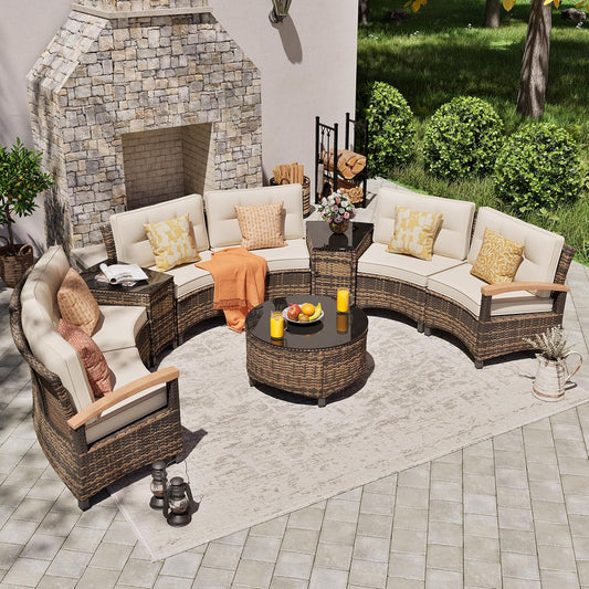 9 Piece Outdoor Patio Furniture Set, Half-Moon Curved Sectional Sofa Rattan Conversation Set with Wood Armrests, Coffee Table & Side Table(Brown)