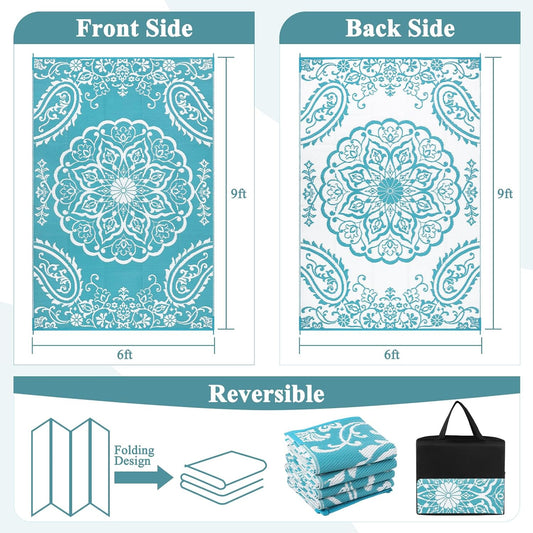 Pauwer Reversible Outdoor Rug, 6'x9', Waterproof Polypropylene Patio Mat, RV, Balcony, Deck, Beach, Picnic