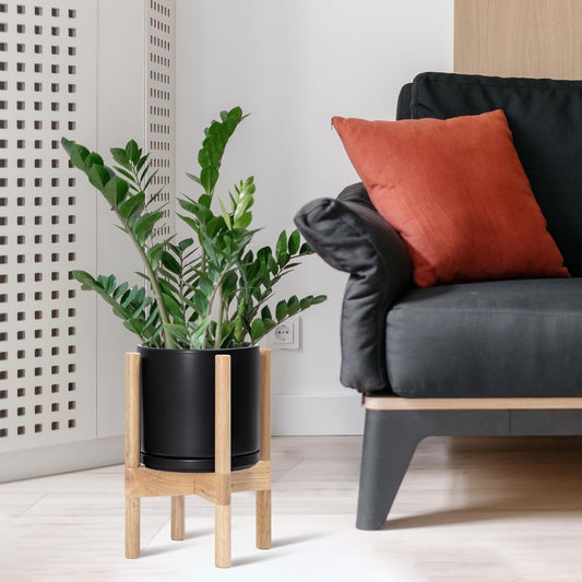 D'vine Dev Ceramic Planter with Natural Stand - 8 Inch Modern Round Flower Pot with Wood Planter Holder, Black, 55-B-N-2