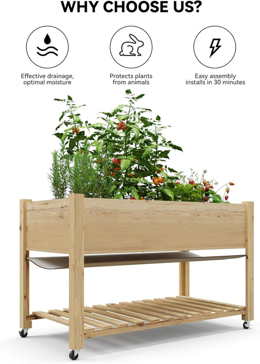 Outdoor Raised Garden Beds with Lockable Wheels Elevated Wooden Growing Bed for Flowers, Vegetables,Planter Box with Legs & Storage Shelf for Backyard, Patio, Balcony
