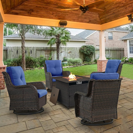 5 Pieces Patio Wicker Furniture Set - 4 Outdoor Swivel Rocker Glider Chairs with 50000BTU Propane Fire Pit Table, Warm Patio Conversation Set Blue Cushion Perfect for Casual Gathering