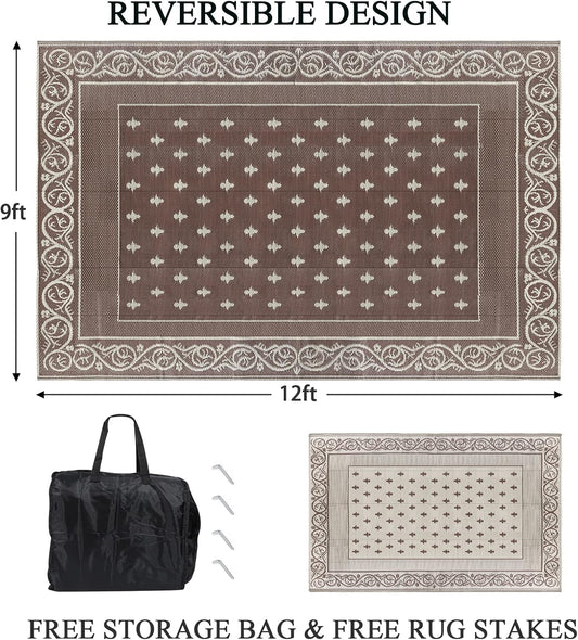 Pauwer 9'x12' Reversible Outdoor Rug, Waterproof Plastic Straw Area Rug for Patios, RV Mat, Camping, Picnic, Beach, Balcony, Pet Friendly, Lightweight