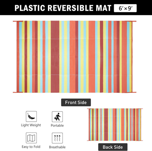 Outdoor Waterproof Rug 6'x9' Plastic Straw Rugs Washable Reversible Floor Mat Rainbow Stripe Carpet for Camping RV Deck Entryance Porch Picnic Balcony Beach Backyard