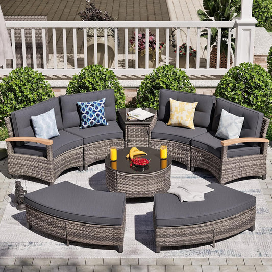 8 Piece Outdoor Patio Furniture Set, Half-Moon Curved Sectional Set with Wood Armrests, Patio Conversation Set, 2 Half-Moon Ottomans,Coffee & Side Tables (Grey)