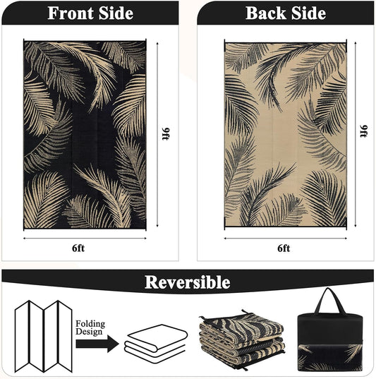 Pauwer Waterproof Outdoor Rug 6x9, Reversible Plastic Straw Patio Camping Rug, Indoor Outdoor RV Mat Carpet for Deck, Camper, Porch, Balcony, Backyard, Picnic, Leaf Black Brown