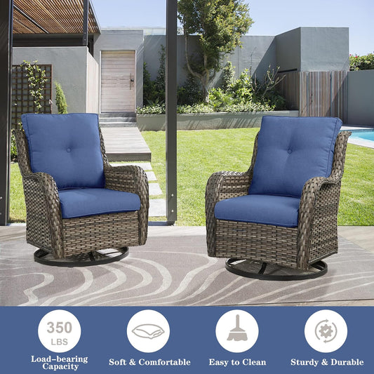 5 Piece Outdoor Patio Furniture Set - Wicker Furniture Patio Conversation Set, Outdoor Swivel Rocker Chairs with 3-Seater Sofa and 2 Ottomans for Small Space, Blue Cushion
