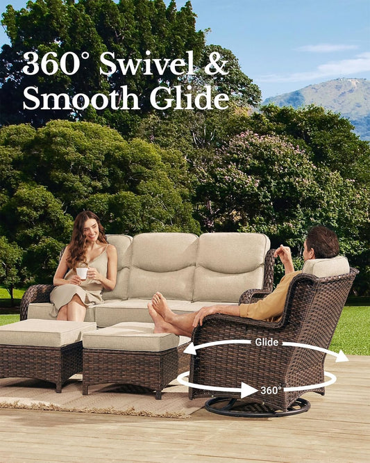 HILLGA Luxury Patio Furniture Set with 6-inch Thick Cushion, Outdoor Couch and High Back Swivel Rocker Patio Chairs, 10PCS Wicker Conversation Set for Deck Yard and Poolside, Beige (V2)