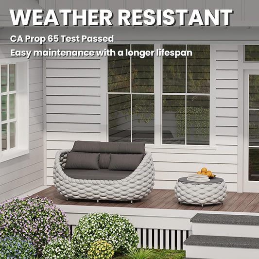 Patio Loveseat with Table: Aluminum Hand Woven Rope 2 Pieces Patio Furniture Set - Cushioned Outdoor Seating Set - Modern Couch Assembled - Metal Lounge Set for Porch Balcony Deck Garden Hotel