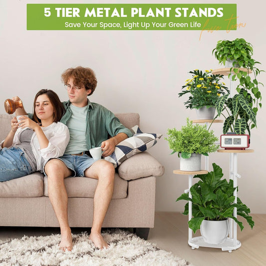 TOSKING 5 Tier Metal Plant Stand Indoor, Plant Shelf, Corner Shelf Flower Pot Stand for Outdoor Plant Stand for Living Room Balcony Garden Patio Bedroom (White and Wood, 42in)