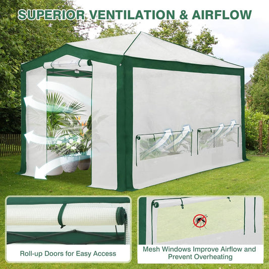 EAGLE PEAK 12x8 Portable Walk in Greenhouse with Polyester Reinforced Corners, Instant Pop up Indoor Outdoor Gardening Green House, Roll Up Zipper Entry Doors and Mesh Windows, Green/White