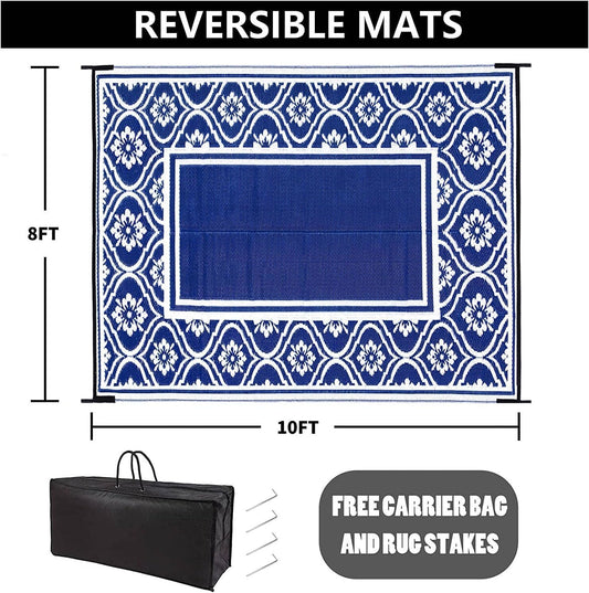 Outdoor Rug 8x10 Patio Waterproof Mat Camping Carpet Outside Area Rug Reversible Light Blue Rugs for RV Deck Entryance Porch Picnic Balcony Beach