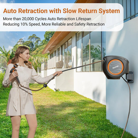 Ruvup Retractable Garden Hose Reel,1/2in x 150ft Water Hose Reel with Metal Bracket, UV Resistant Automatic Hose Reel Wall Mount for Outside, Slow Retraction Any Length Lock 10 Spray Nozzle
