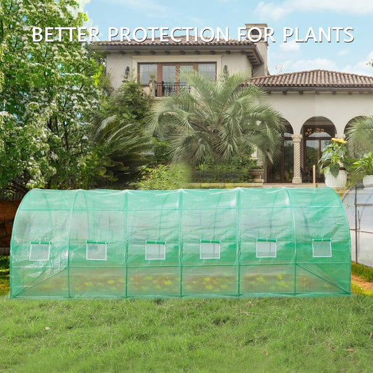 VIVOSUN 20x10x7 Ft. Large Walk in Greenhouse, Greenhouse Tunnel, Garden Plant Hot House with Green PE Cover, Roll-up Zipper Door and Window for Outdoor