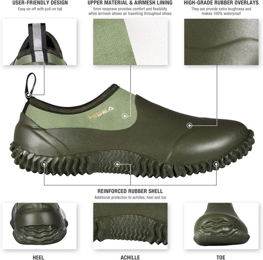 HISEA Unisex Waterproof Garden Shoes, Men's Rubber Rain Boots Women's Ankle Rain Shoes Neoprene Camp Booties Outdoor Slip-On Footwear for Gardening, Farming, Camping, Car Wash, Lawn Care and Yard Work