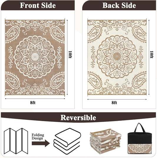 Pauwer Waterproof Outdoor Rug 8x10, Reversible Plastic Straw Patio Camping Rug, Indoor Outdoor RV Mat Carpet for Deck, Camper, Porch, Balcony, Backyard, Picnic, Boho Brown