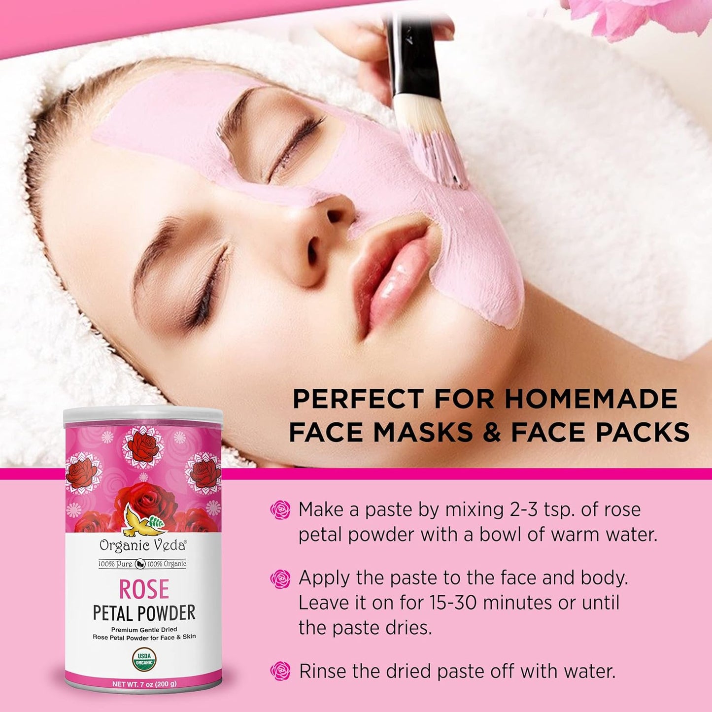 Organic Veda Edible Rose Petal Powder - Organic Rose Petal Powder for Cooking, Herbal Tea, Smoothies, Toppings - Natural Rose Petal Powder for DIY Face Masks, Skin, Hair Care - Vegan, No Gluten - 16oz