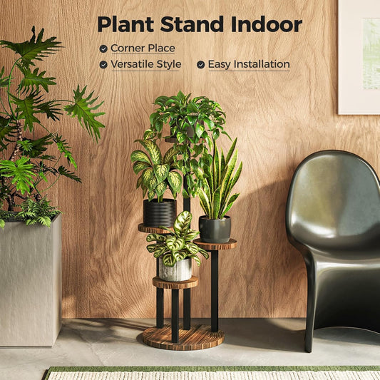 Bamworld 4 Tier Plant Stand Indoor, Tall Metal Wood Plant Shelf Outdoor,Small Flower Pot Holder Table Rack Garden Accessories for Corner Living Room Balcony Patio