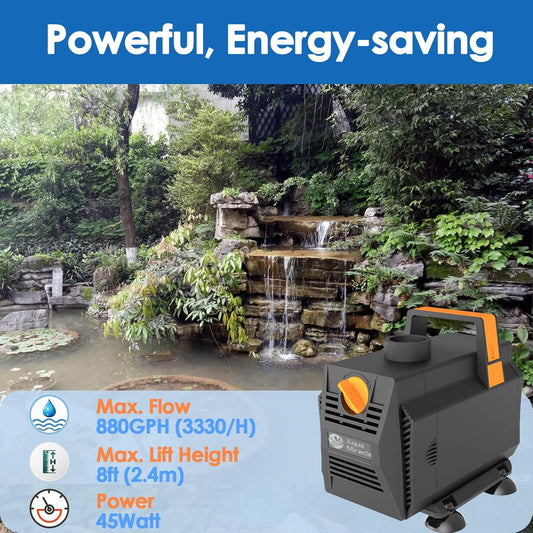 AquaMiracle 880GPH Submersible Water Pump Pond Pump(3330L/H, 45W), Water Fountain Pump Aquarium Water Pump with Flow Control for Fish Tank, Waterfall, Statuary, Filtration, Water feature, Hydroponics