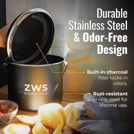 Black Stainless Steel Compost Bin | 6.5L Odor-Free Kitchen Countertop Food Scrap Pail with Charcoal Filter | Compact Zero Waste Solution for Home and Apartment Kitchens