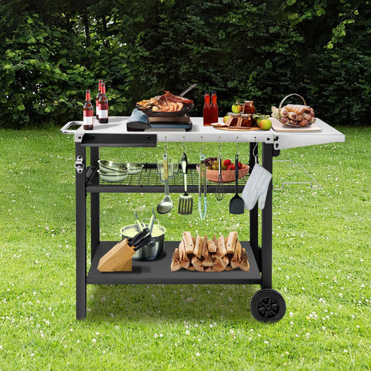 EDOSTORY Outdoor Grill Cart Pizza Oven Stand, Three-Shelf Stainless Steel Food Prep Table Patio BBQ Grill Table Bar Cart Kitchen Island with Wheels