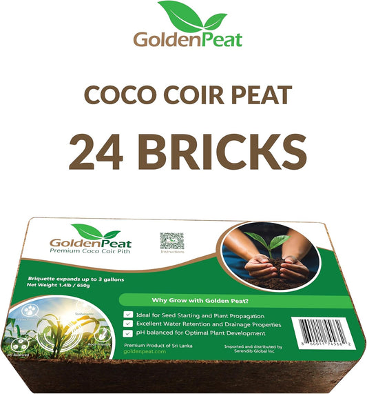 Organic Coconut Peat Bricks (650g X 24 Pack) β Low EC, Sustainable Growing Medium for Gardens, pots, and Seed Starters. Just add Water to Transform Each Brick into 8-10L of Fluffy Nutrient-Rich Coir