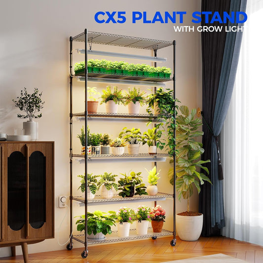Barrina Plant Stand with Grow Lights, 3FT T8 Full Spectrum 150W Yellow LED Plant Lights 5 Packs, Indoor Plant Shelf for Multiple Plants with On/Off Timer Socket, 6-Tier 35.4"x13.8"x70.9"