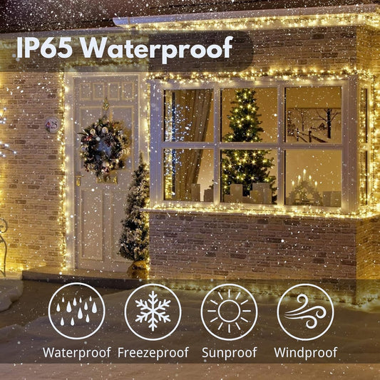 Solar String Lights Outdoor Waterproof 2PK 200LED 66FT Twinkle Lights Auto On/Off Solar Powered LED Fairy Light Green Wire with 8 Modes for Christmas Tree Party Wedding Garden Decoration (Warm White)