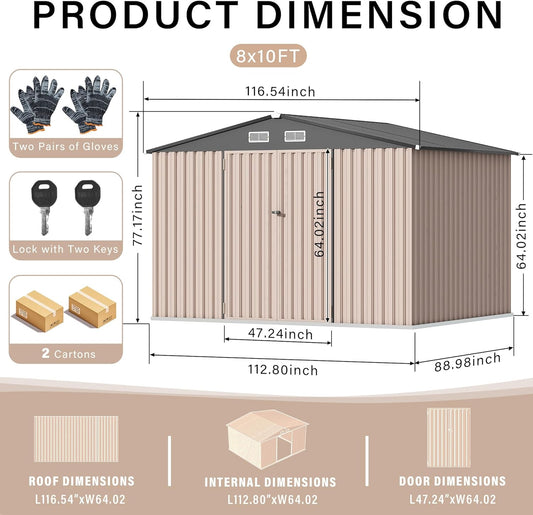 8x10 FT Metal Storage Sheds Outdoor, Metal Yard Sheds Garden Shed Kit, Tool Shed with Lockable Door, Utility Sheds Buildings with Air Vent for Backyard Garden Patio Lawn