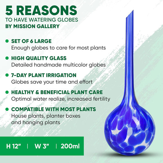 Plant Watering Globes Set of 6 β Large Glass Bulbs (up to 7 Days of Watering) for Indoor & Outdoor Plants β Multicolor - Self-Watering