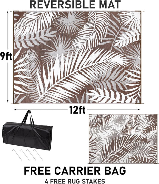 HiiARug Outdoor Rugs 9'x12' for Patios Clearance Brown Reversible Outdoor Rug, Outdoor Plastic Straw Rug RV Camping Rug Large Outdoor Mat for RV, Patio, Backyard, Deck, Picnic, Beach, Trailer, Camping