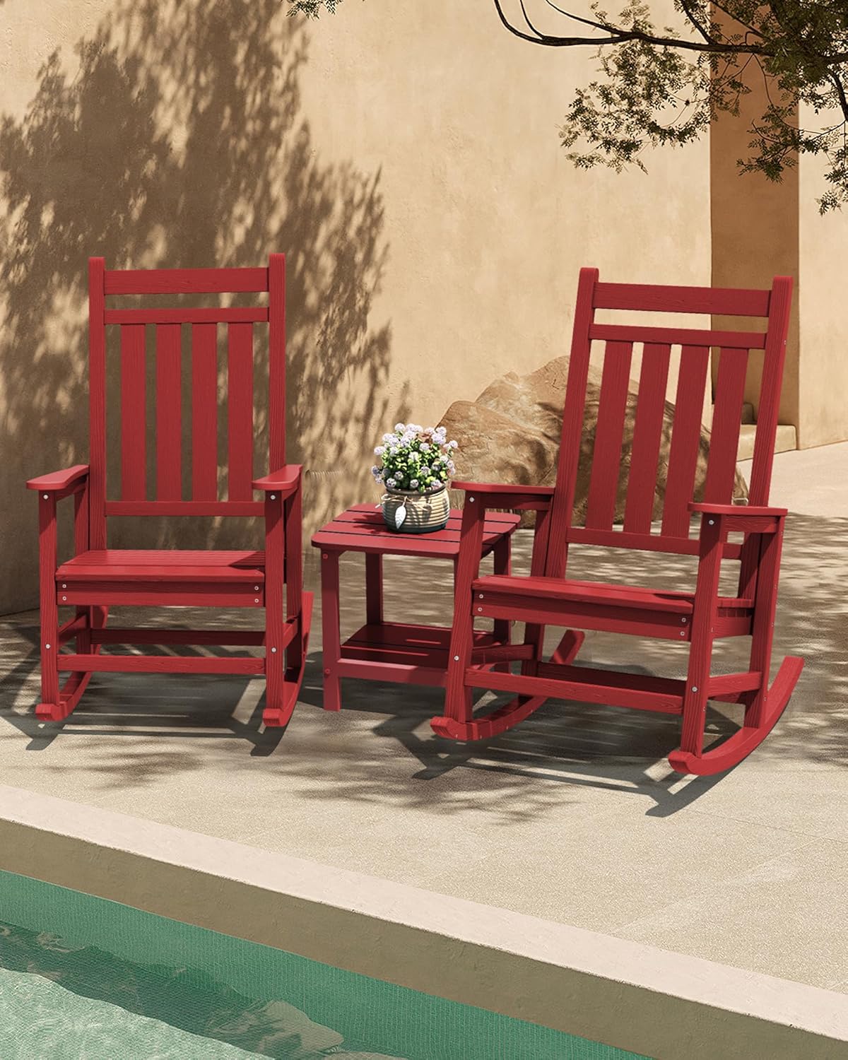 SERWALL HDPE Rocking Chair, Outdoor Rocking Chair for Adults, All Weather Porch Rocker for Lawn Garden, Crimson Red