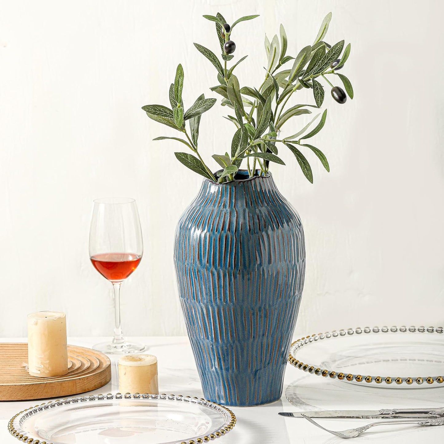 Blue Ceramic Vase for Home Decor,11.6 Inch Flower Vase,Decorative Vases for Pampas Grass,Modern Art Texture Vases for Home Entryway Living Room Dining Table Farmhouse Office Decor-Blue