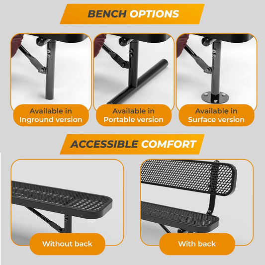 Heavy-Duty Outdoor Metal Bench, Thermoplastic-Coated, Inground, Weatherproof, Commercial-Grade for Parks, Gardens, Patios, Stores & More (4 Ft - Inground with Back, Blue)