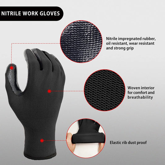 Evridwear Work Gloves with Grip Rubber Coated for Men Women Warehouse Mechanic,12 Pairs Bulk