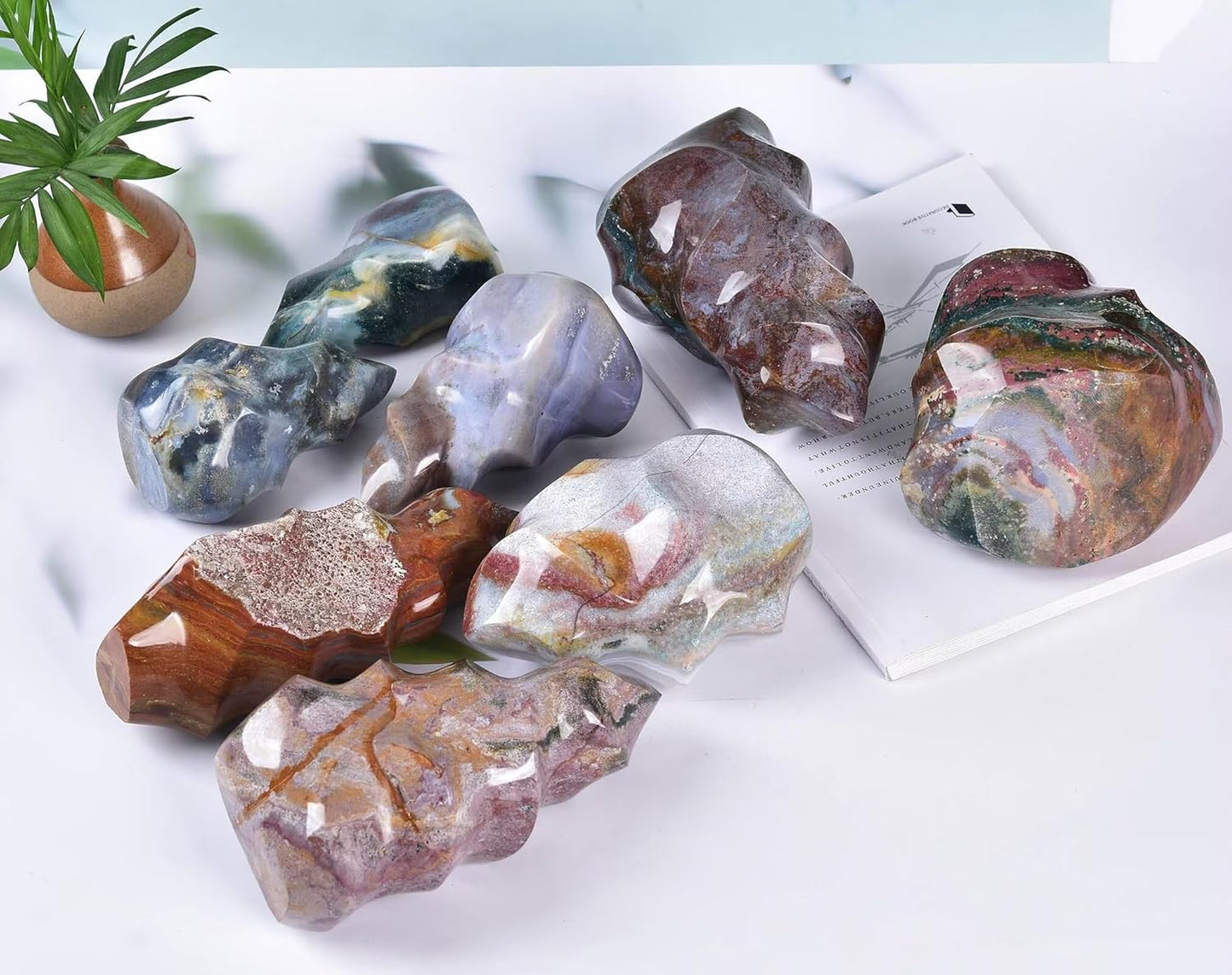 AMOYSTONE Ocean Jasper Flame Shaped Stone Towers Obelisk Natural Healing Crystal Quartz Reiki Energy Decoration Home Office Decor 4.0-4.4LBS