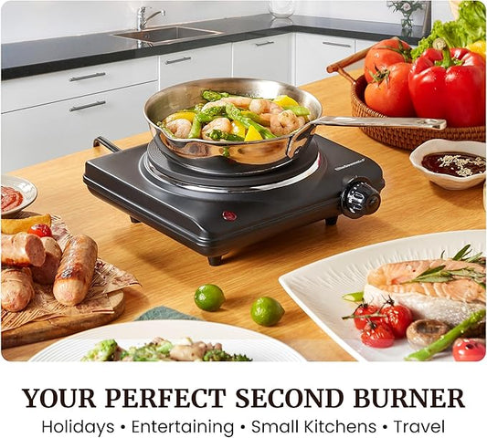 Elite Gourmet Countertop Electric Burner, 1000W Cast Iron Hot Plate, 7 Heat Settings, Portable Cooktop for RV, Dorm, Office & Small Kitchens, Road-Ready & Compact