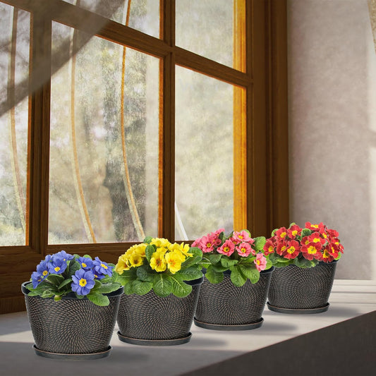 Quarut 4 Pack 6 Inch Flower Pots for Outdoor Indoor, Plastic Plant Pots with Drainage Hole & Saucer, Lightweight Small Flower Pot, Circle Pattern Planters for Garden House planters(Black Copper)