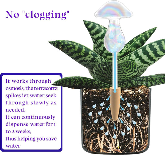 3 Pack Non-Clogging Iridescent Mushroom Plant Watering Globes with Terracotta Spikes, Hand Blown Glass Self Watering Planter Insert Plant Watering Devices Bulbs for Indoor and Outdoor Plants