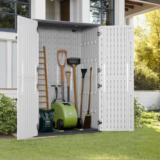 Macrout 50 Cu.Ft Plastic Outdoor Storage Cabinet with Floor, 4.3 x 2.5 ft Waterproof Resin Outdoor Storage Shed, Lockable Vertical Shed for Garden and Patio