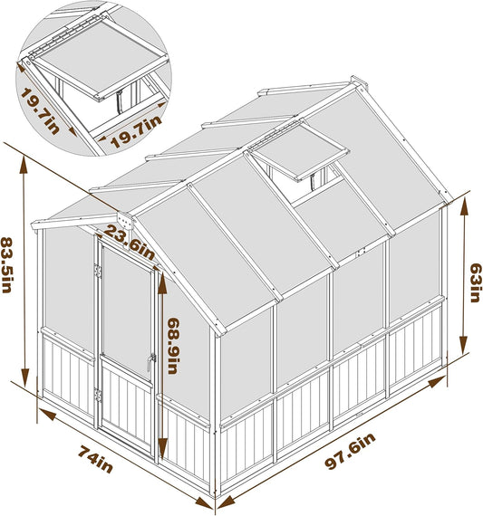 Mupater 6 x 8 FT Wooden Polycarbonate Greenhouse with Ventilated Window and Lockable Door, 6mm PC Panels for UV Protection, Walk-in Greenhouse Kit for Outdoor, Garden and Backyard, Brown