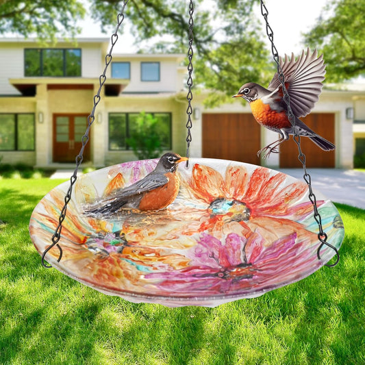 VCUTEKA Hanging Bird Bath, Glass Bird Baths for Outdoors Birdfeeder with 21 inch Rust-Proof Chain for Garden Yard Decor, Flower