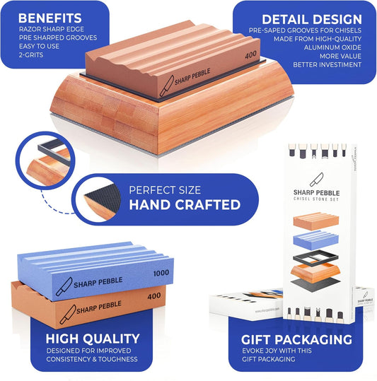 Sharp Pebble Sharpening Stones for Wood Carving Tools-Two Whetstones Grit 400 & 1000 Gouge Sharpener- Waterstone Sharpening System for Wood Carving Knives & Chisels with Non-Slip Bamboo Base