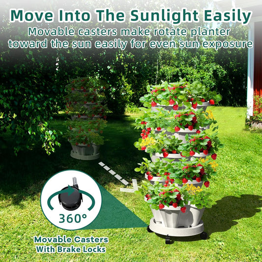 Strawberry Vertical Planters, 7 Tiered Stacking Tower Garden with Support Pole, Stackable Herb Vegetable Planters Indoor and Outdoor - White