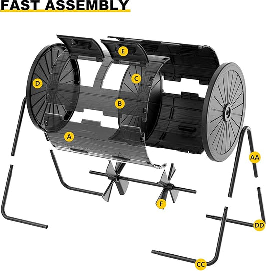 Dual Chamber Tumbling Composter 45 Gallon Large Outdoor Tumbling Composter Efficient Batch Composting Easy Turn Design (Black 45Gal)