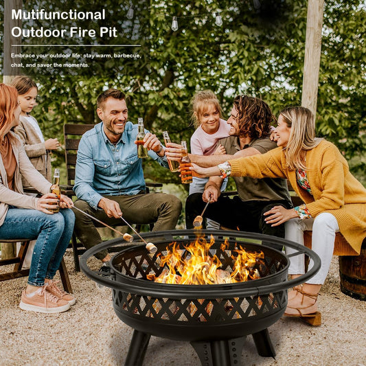32 Inch Outdoor Fire Pit with Grill, Wood Burning Firepit for Outside with Lid/Fire Poker, Metal Round Fire Pit Table for Patio Backyard Garden Bonfire Party